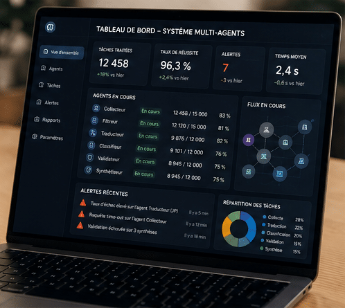 Tableau de bord d’un système multi-agents : tâches traitées, taux de réussite, alertes, agents en cours.